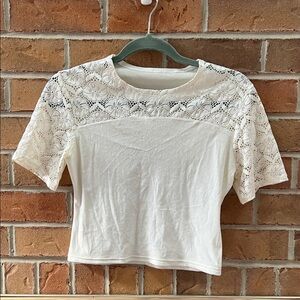 Vintage White Flower Lace Yoke Short Sleeve Tee Velour Top